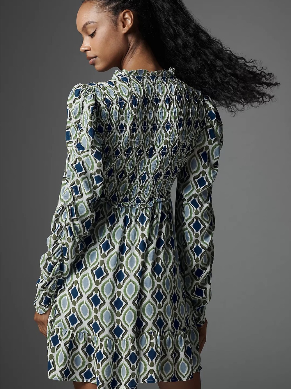 Anthropologie Dress Long Sleeve Ruffle Blue Green Smocked Large L - Picture 4 of 10